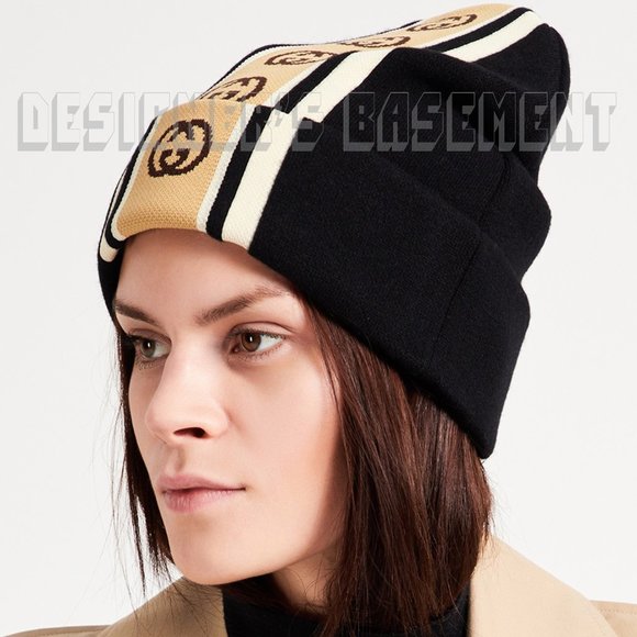 GUCCI black with beige INTERLOCKING G logo stripe wool oversized Beanie hat M-58 - Picture 1 of 6